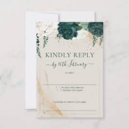 Wedding Neutral Cream Signature Emerald Green Rose RSVP Kaartje