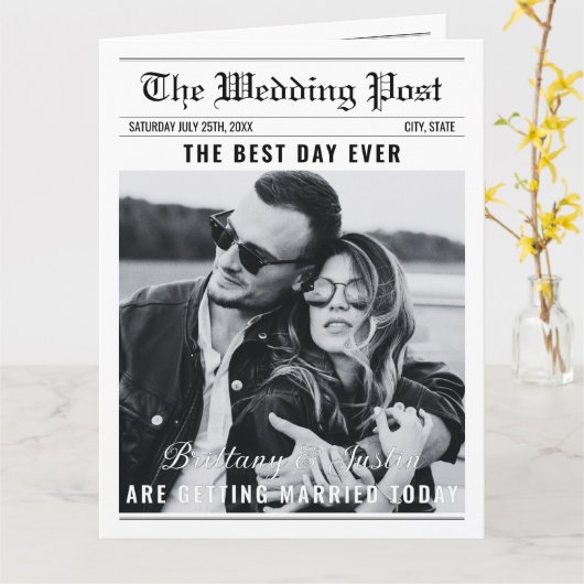 Wedding Newspaper Program Classic Black & White Kaart (Gele Bloem)