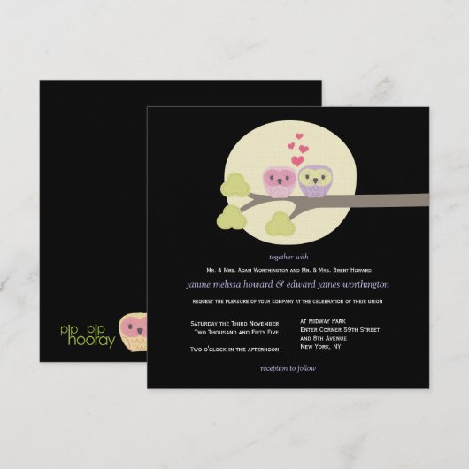 Wedding Night Owls Cute Illustration Invite Kaart (Voorkant / Achterkant)