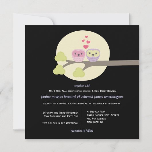 Wedding Night Owls Cute Illustration Invite Kaart (Voorkant)