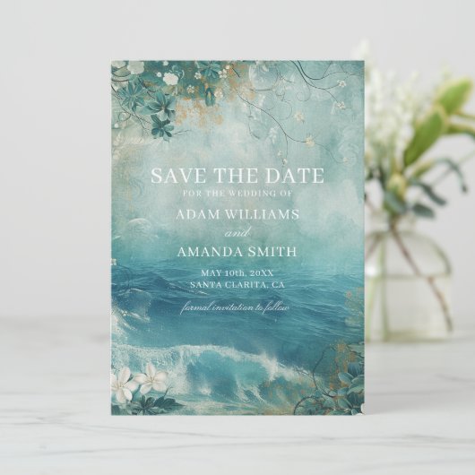 Wedding op een grillige bestemming aan het strand save the date (Staand voorkant)