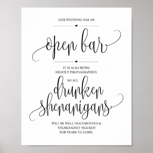 Wedding Open Bar, dronken shenanigans, bord Poster (Voorkant)