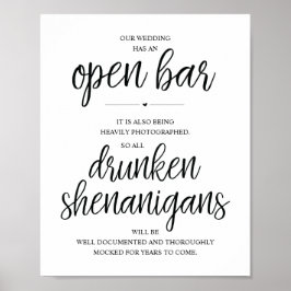 Wedding Open Bar, dronken shenanigans, bord Poster