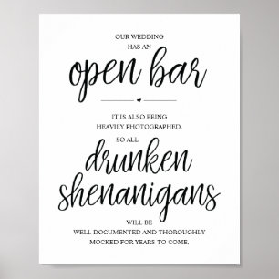 Wedding Open Bar, dronken shenanigans, bord Poster