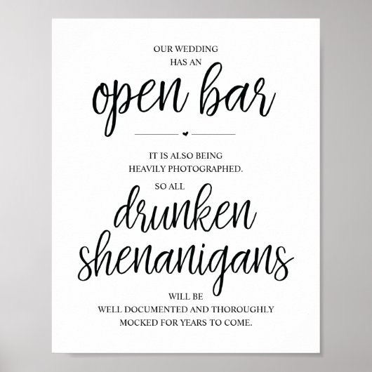 Wedding Open Bar, dronken shenanigans, bord Poster (Voorkant)