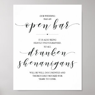 Wedding Open Bar, dronken shenanigans, bord Poster