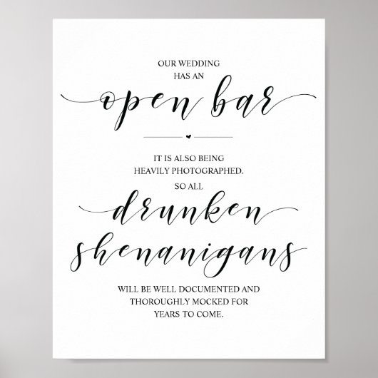 Wedding Open Bar, dronken shenanigans, bord Poster (Voorkant)