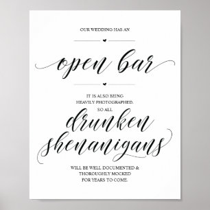 Wedding Open Bar, dronken shenanigans, bord Poster