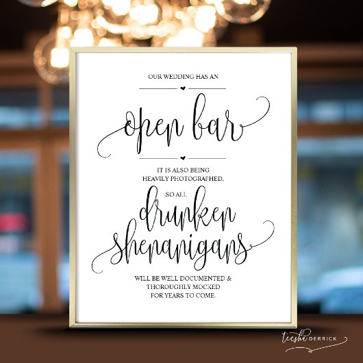 Wedding Open Bar, dronken shenanigans, bord Poster