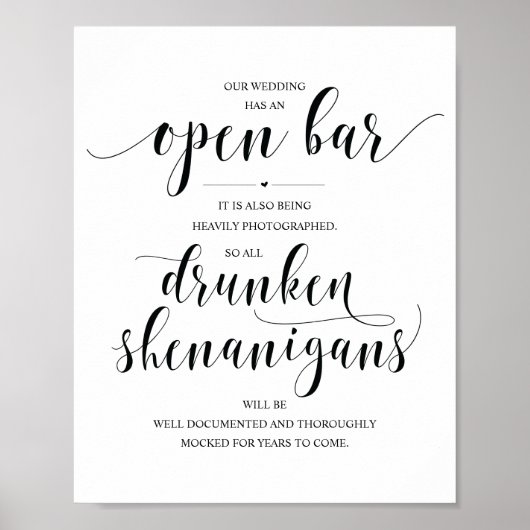 Wedding Open Bar, dronken shenanigans, bord Poster (Voorkant)