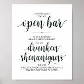 Wedding Open Bar, dronken shenanigans, bord Poster (Voorkant)