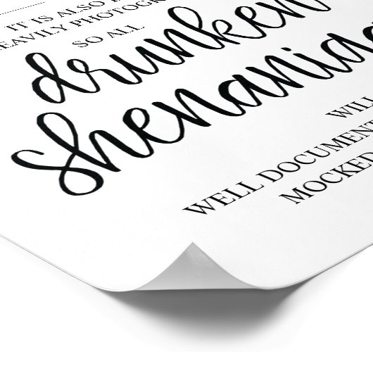 Wedding Open Bar, dronken shenanigans, bord Poster (Hoek)
