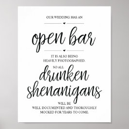 Wedding Open Bar, dronken shenanigans, bord Poster