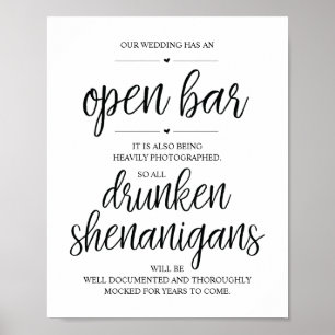 Wedding Open Bar, dronken shenanigans, bord Poster