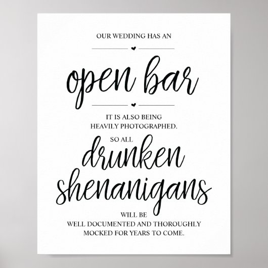 Wedding Open Bar, dronken shenanigans, bord Poster (Voorkant)