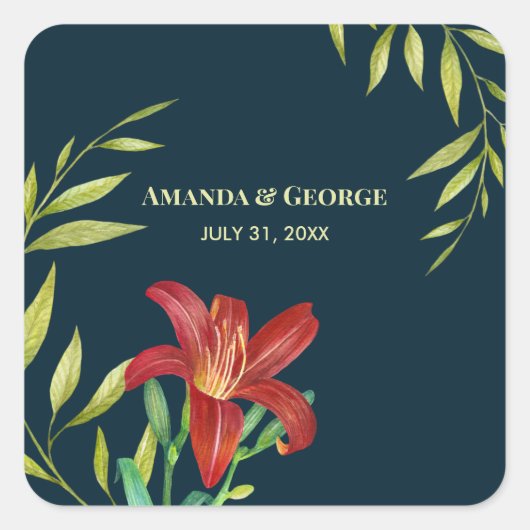 Wedding Oranje Lily Illustration Dark Turquoise Vierkante Sticker (Voorkant)