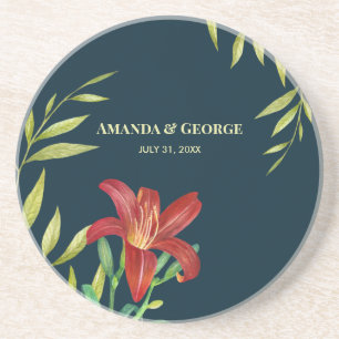Wedding Oranje Lily Illustration Dark Turquoise Zandsteen Onderzetter