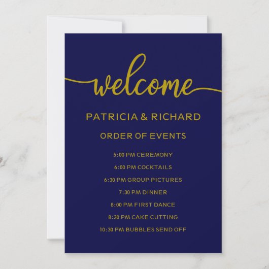 Wedding Order of Events Gold Navy Blue Schedule Kaart (Voorkant)