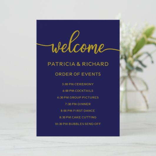 Wedding Order of Events Gold Navy Blue Schedule Kaart (Staand voorkant)