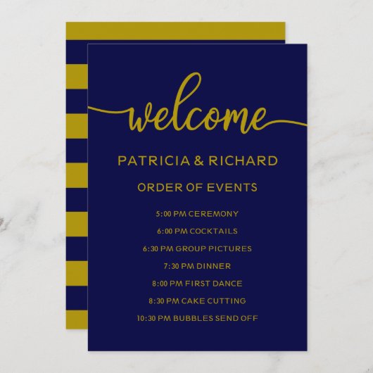 Wedding Order of Events Gold Navy Blue Schedule Kaart (Voorkant / Achterkant)