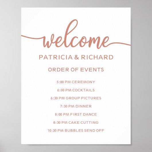 Wedding Order of Events Sign Roos Gold Calligraphy Poster (Voorkant)