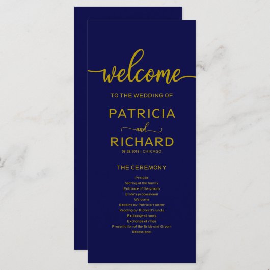 Wedding Order of Service Programma Gold Navy Blue Programmakaart (Voorkant / Achterkant)