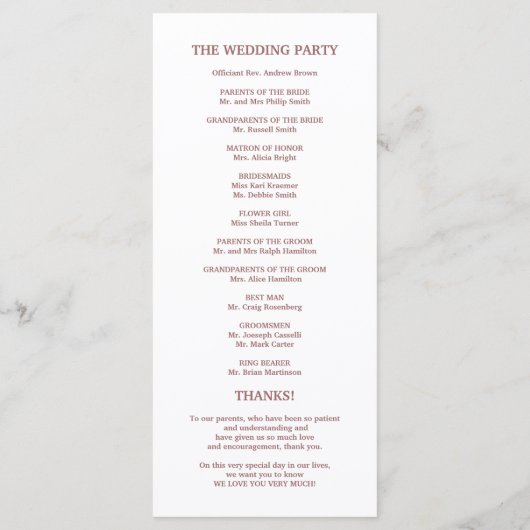 Wedding Order of Service Programma Roos Gold Scrip Programmakaart (Achterkant)