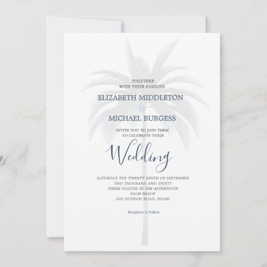 Wedding Palm Elegant Modern White Blue Formal Kaart (Achterkant)
