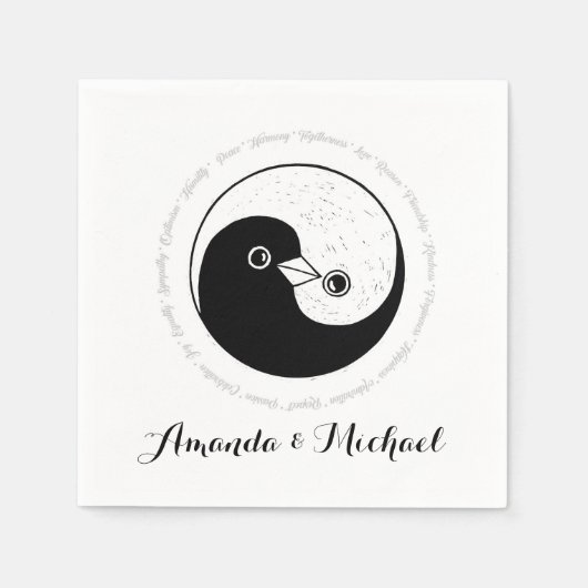 WEDDING PAPER NAPKIN. b/w YinYang doves. Servetten (Voorkant)
