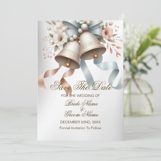 Wedding Party Flowers Bells Roze Blauwe Linten Save The Date (Staand voorkant)