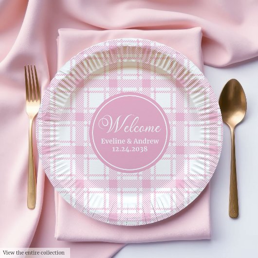 Wedding Party Paper Plates Pink Plaid Custom Name Papieren Bordje