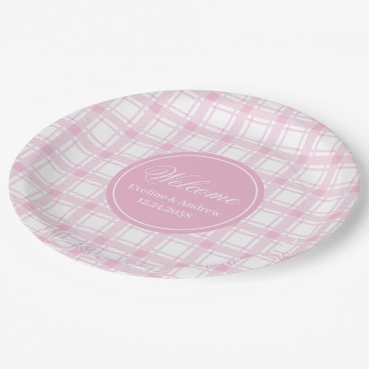 Wedding Party Paper Plates Pink Plaid Custom Name Papieren Bordje (Gekanteld)