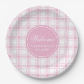 Wedding Party Paper Plates Pink Plaid Custom Name Papieren Bordje (Voorkant)