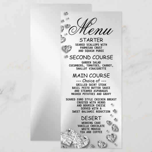 Wedding Party Silver Hearts Grey Elegant Dinner Menu (Voorkant / Achterkant)