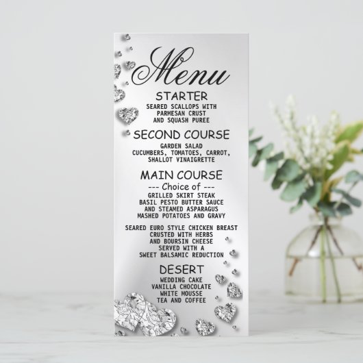 Wedding Party Silver Hearts Grey Elegant Dinner Menu (Staand voorkant)