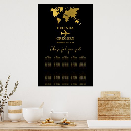 Wedding Passport Black Gold Seating Chart Poster (Keuken)