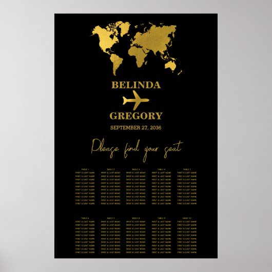 Wedding Passport Black Gold Seating Chart Poster (Voorkant)