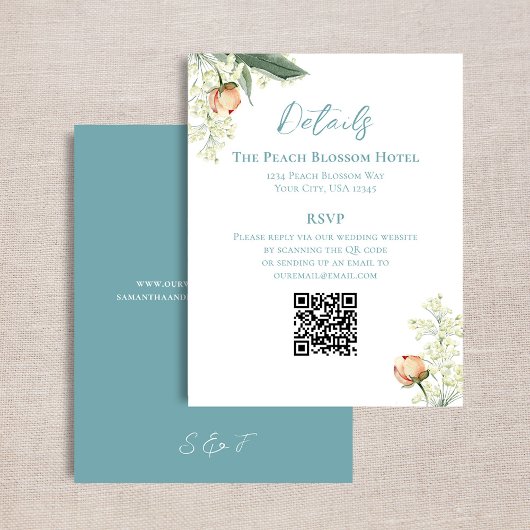 Wedding Peach Blue Details QR Code RSVP Informatiekaartje