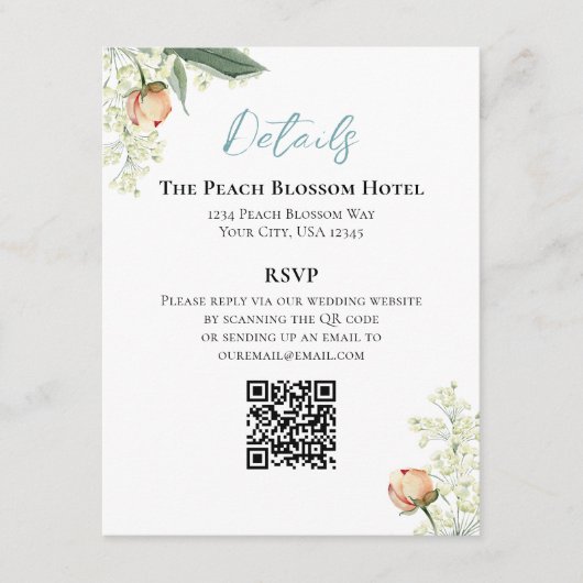 Wedding Peach Blue Details QR Code RSVP Informatiekaartje (Voorkant)