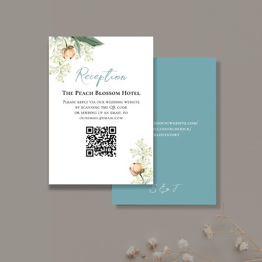Wedding Peach Blue Receptie QR Code RSVP Informatiekaartje