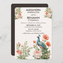 Wedding Peacock Botanical | Vintage Floral Art Kaart