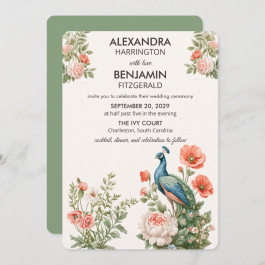 Wedding Peacock Botanical | Vintage Floral Art Kaart (Voorkant / Achterkant)