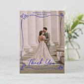 Wedding Photo Blue Doodle Heart Overprint Border Bedankkaart (Staand voorkant)