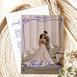 Wedding Photo Blue Doodle Heart Overprint Border Bedankkaart