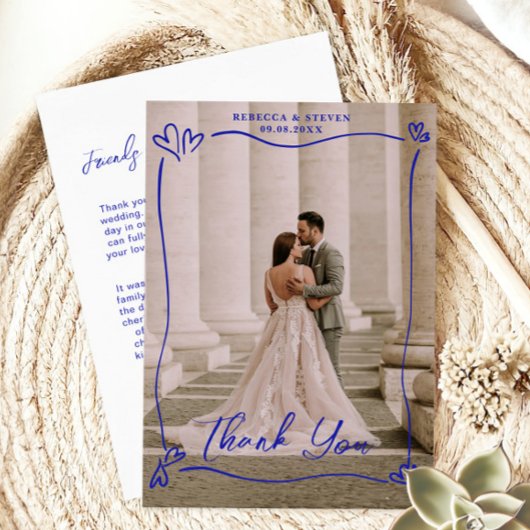 Wedding Photo Blue Doodle Heart Overprint Border Bedankkaart