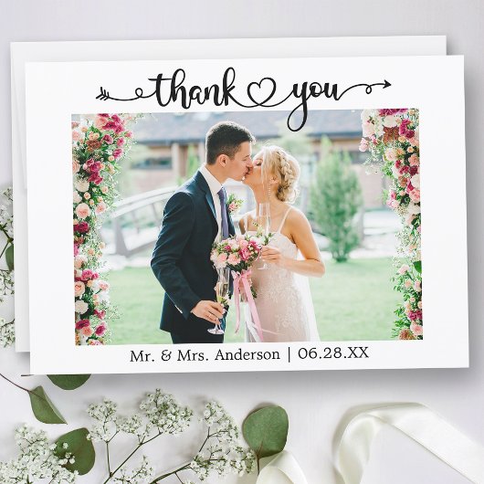 Wedding Photo Calligraphy Script Heart  Bedankkaart