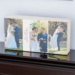 Wedding Photo Collage - 3 foto's en aangepaste tek Houten Kist Print<br><div class="desc">Huwelijksfoto houten blok met 3 bruiloft afbeeldingen en uw aangepaste tekst, zoals de naam van de nieuwe meneer en mevrouw en hun trouwdatum. De sjabloon is zo ingesteld dat u tot 3 foto's kunt toevoegen, weergegeven als 3x verticaal portretformaat. Het ontwerp is in donkerblauw en wit - als u de...</div>