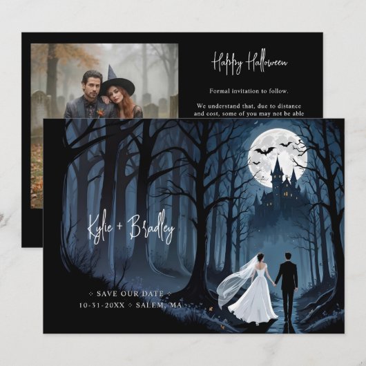 Wedding Photo & QR Haunted Castle Gothic Save The Date (Voorkant / Achterkant)