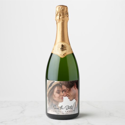 Wedding Photo Save the Date Sparkling Wine Label Wijnetiket (Voorkant)