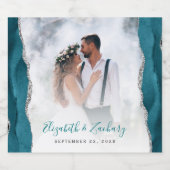 Wedding Photo Teal Blue Silver Agate Sparkling Wijnetiket (Enkel label)